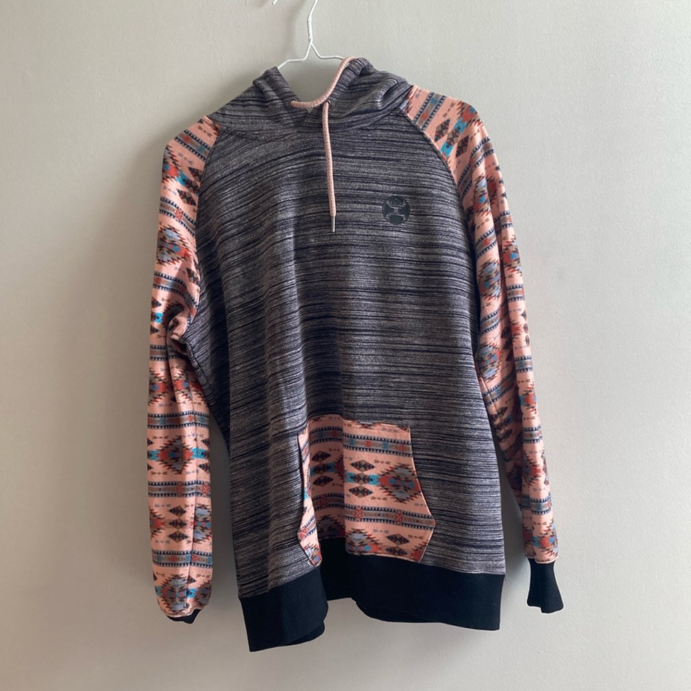 Patterned Hoodie with Pink and Gray Accents